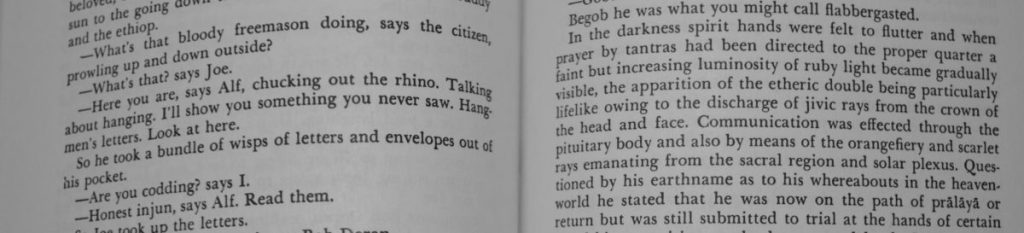 Side-by-side columns of printed text from a book. Left column contains dialogue, right column features descriptive narrative prose